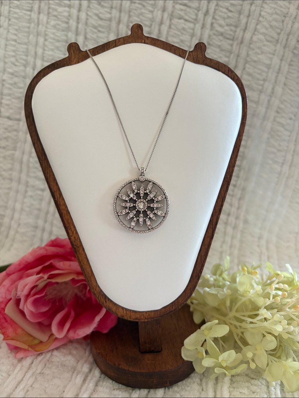 Brighton Silver Crystal Floral Sunburst Pendant Necklace NWT
